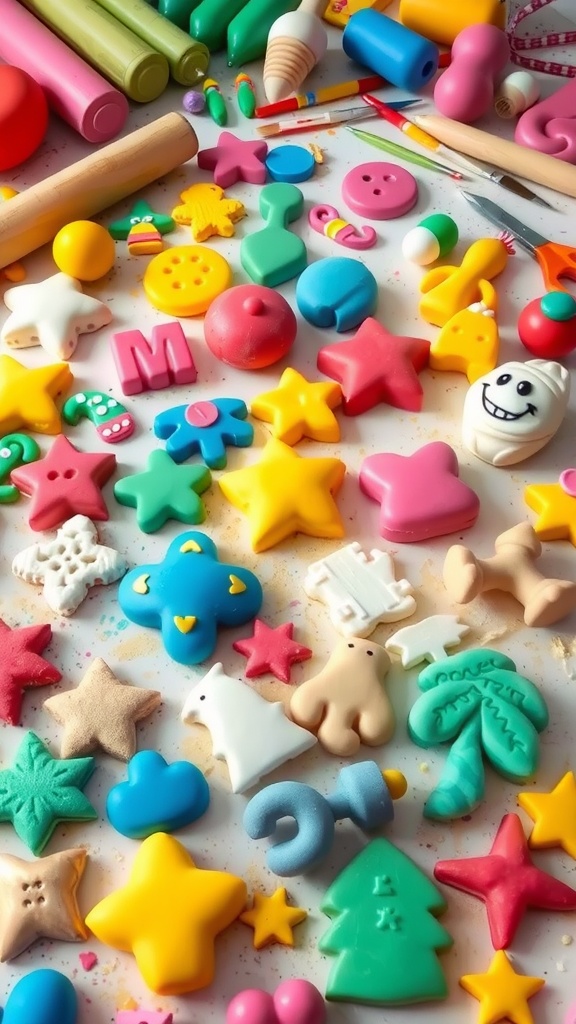 A collection of colorful dough crafts including ornaments and sculptures on a crafting table with tools.